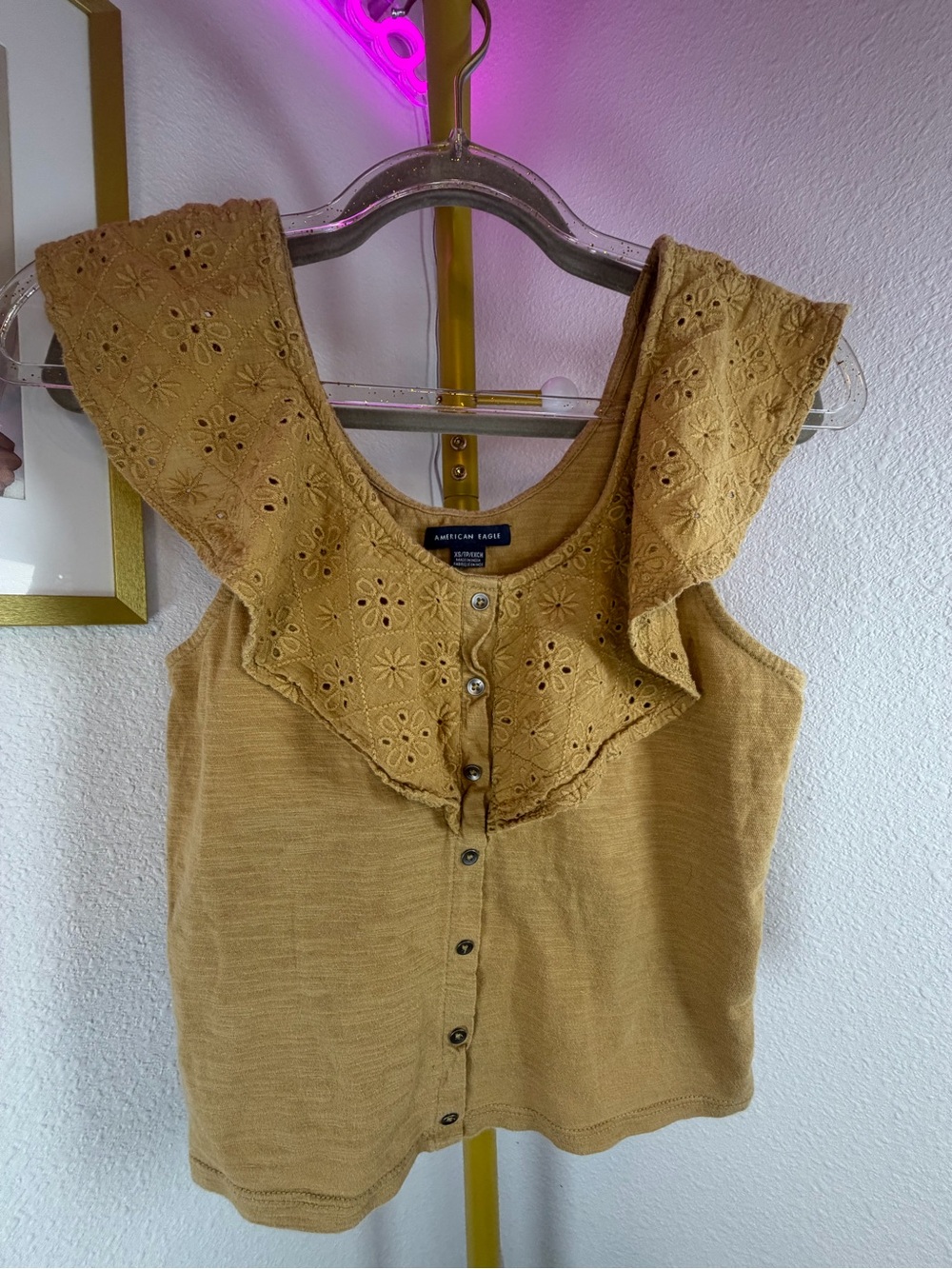 American Eagle Outfitters Mustard Eyelet Ruffle Tank Top